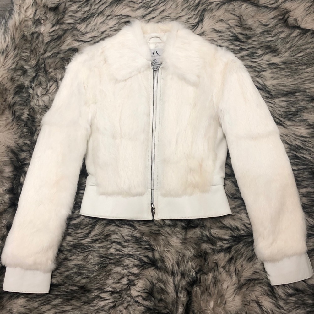 Armani exchange White fur coat leather trimming